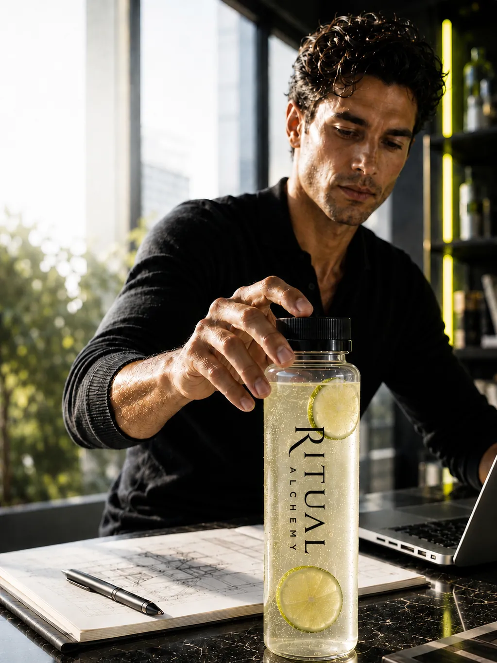 A man at his desk opening a bottle of lime SHARP blend